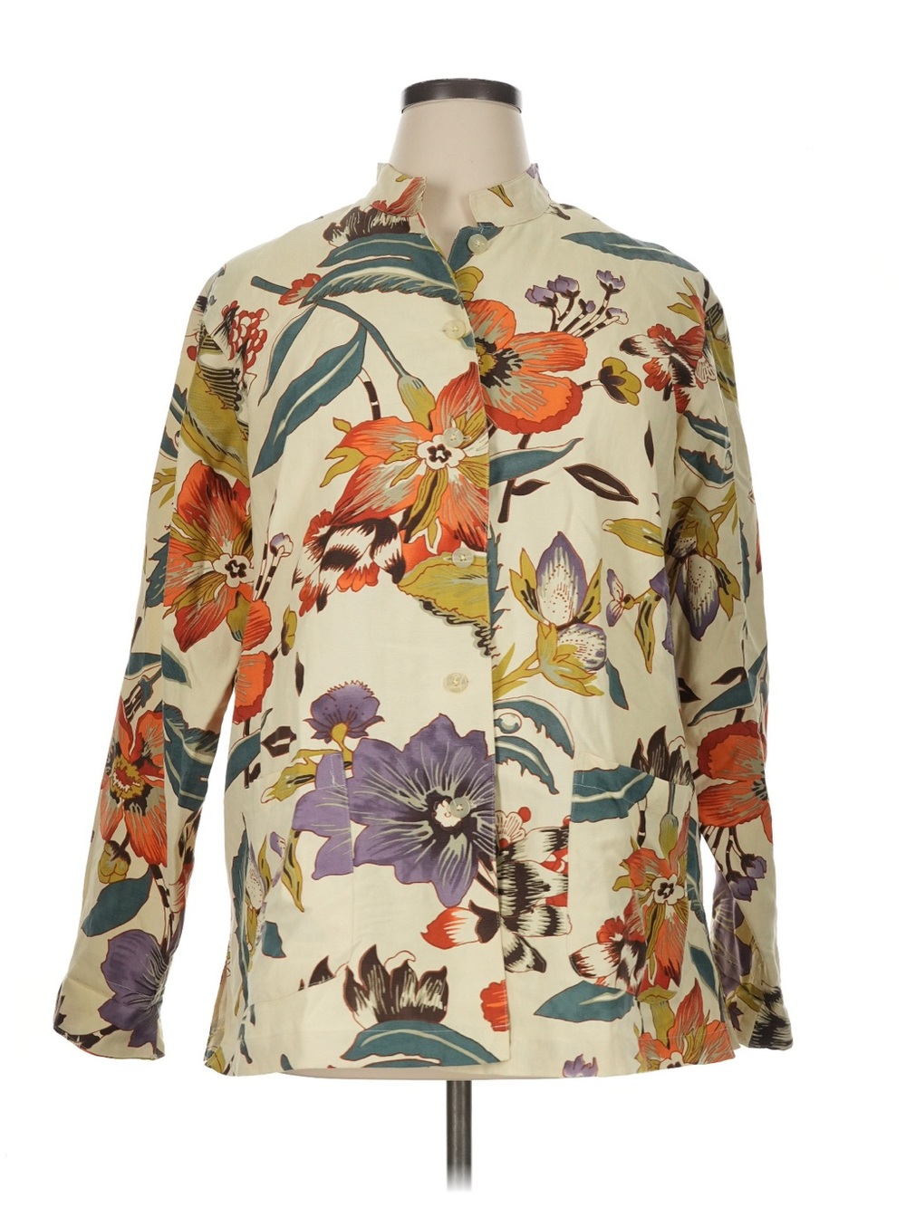 Coldwater Creek Floral Silk Linen Mandarin Collar Floral Jacket 1X Boho Chic